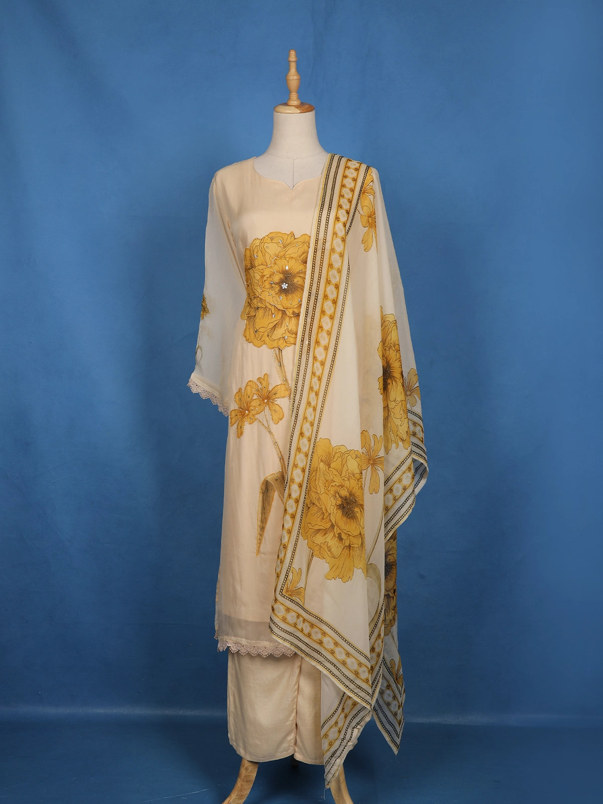 Beige Floral Printed Tussar Silk Salwar Suit With Printed Dupatta