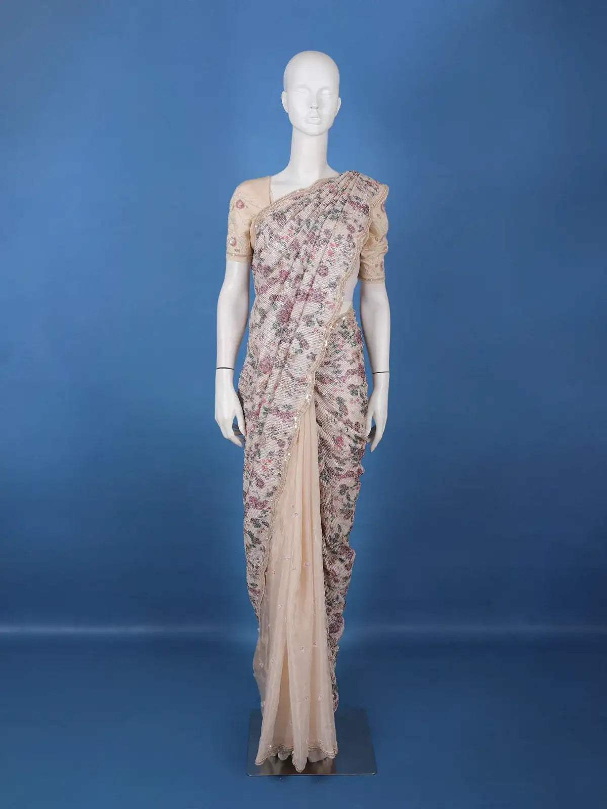Beige Floral Sequin Designed Net Saree - Diadem