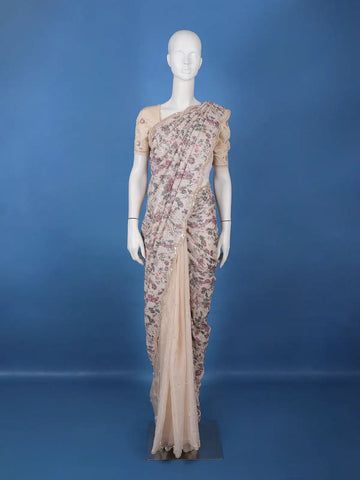 Beige Floral Sequin Designed Net Saree - Diadem