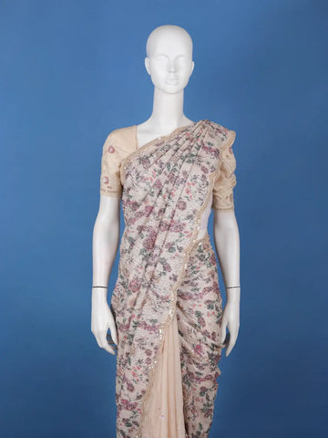 Beige Floral Sequin Designed Net Saree - Diadem