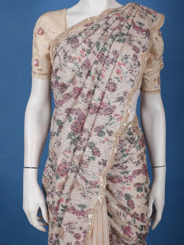 Beige Floral Sequin Designed Net Saree - Diadem