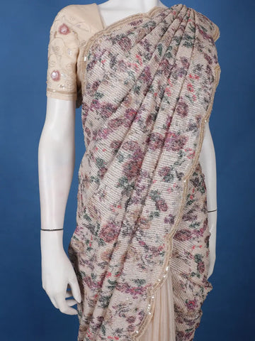 Beige Floral Sequin Designed Net Saree - Diadem