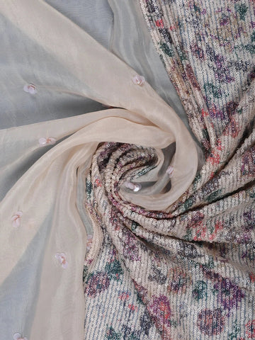 Beige Floral Sequin Designed Net Saree - Diadem