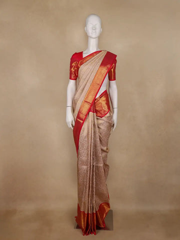 Beige Floral Woven Pure Kanchipuram Silk Saree - Diadem