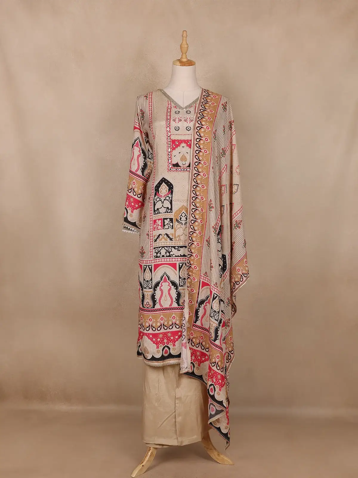 Beige Geometric Design Cotton Salwar Suit - Diadem