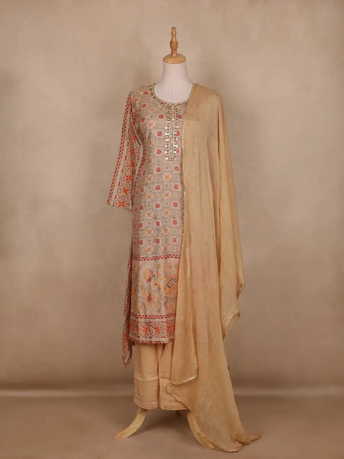 Beige Geometric Design Cotton Salwar Suit - Diadem