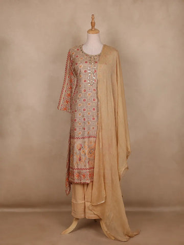 Beige Geometric Design Cotton Salwar Suit - Diadem