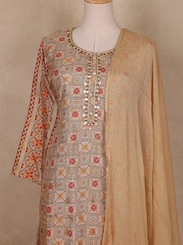 Beige Geometric Design Cotton Salwar Suit - Diadem