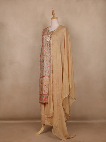 Beige Geometric Design Cotton Salwar Suit - Diadem