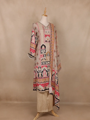 Beige Geometric Design Cotton Salwar Suit - Diadem