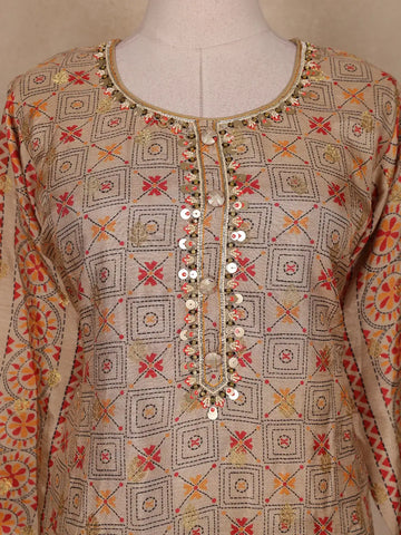 Beige Geometric Design Cotton Salwar Suit - Diadem