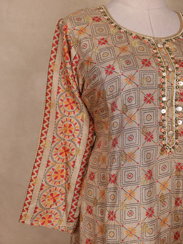 Beige Geometric Design Cotton Salwar Suit - Diadem
