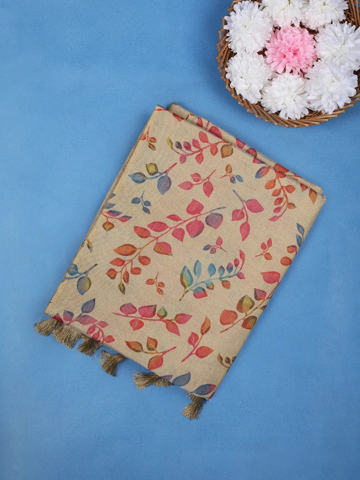 Beige Multicolor Leaf Print Cotton Saree - Diadem