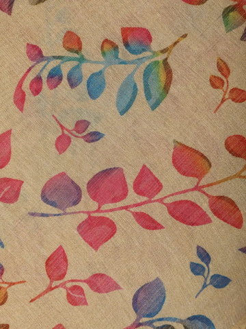 Beige Multicolor Leaf Print Cotton Saree - Diadem