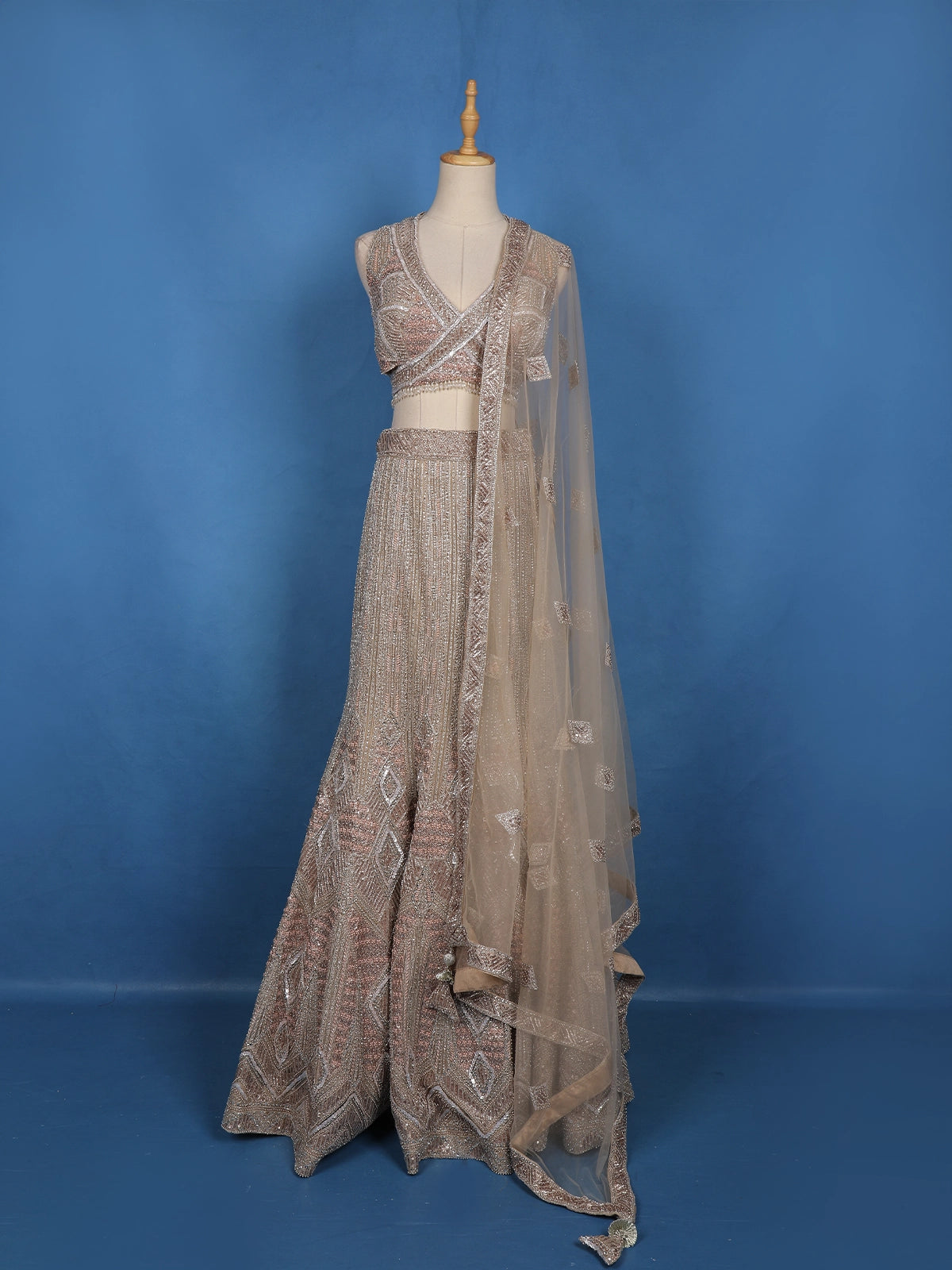 Beige Sequins Embroidered Mermaid Net Lehenga With Dupatta