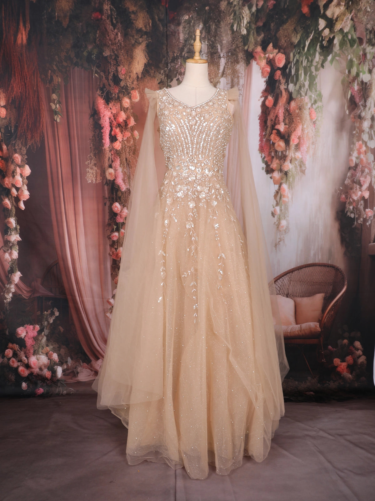 Beige Sequins and Beads Embroidered Design Net Gown