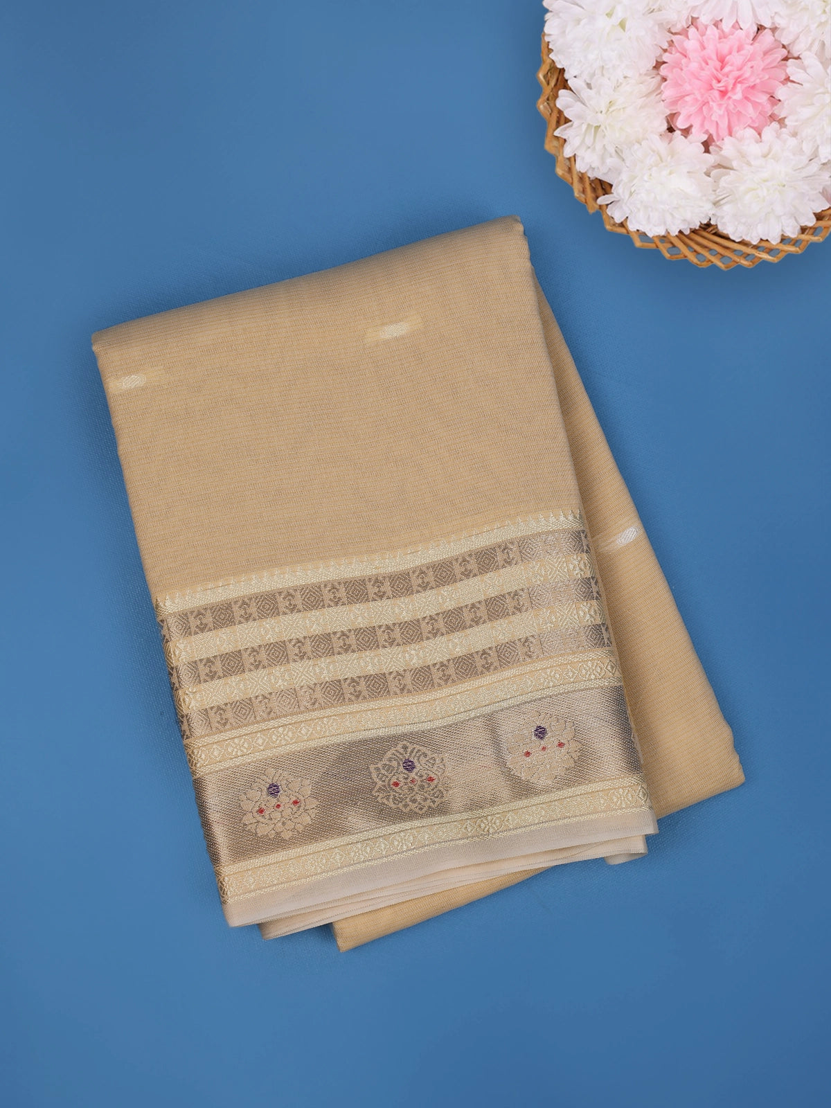 Beige Solid Design Fancy Cotton Saree