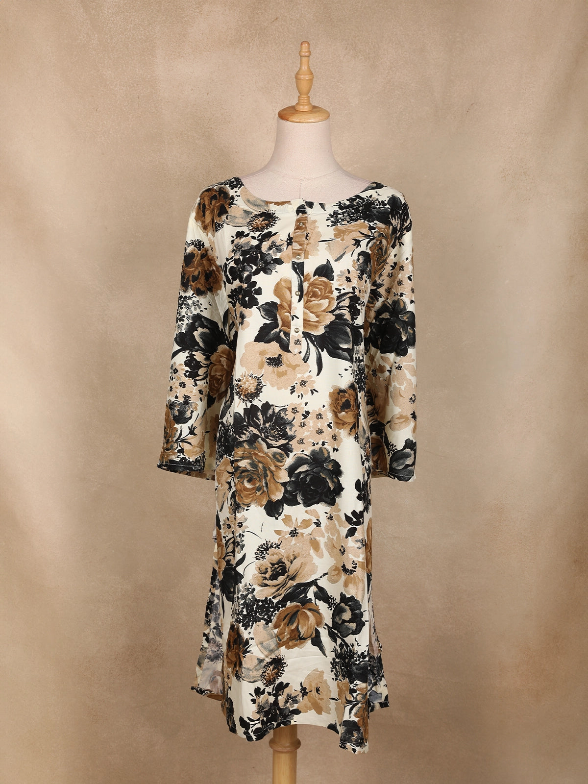 Beige and Black Floral Printed Cotton Kurti