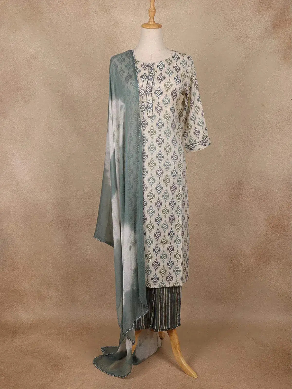 Beige Cotton Linen Abstract Printed Salwar Suit - Diadem
