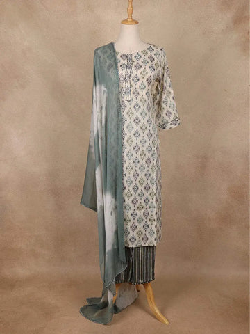 Beige Cotton Linen Abstract Printed Salwar Suit - Diadem