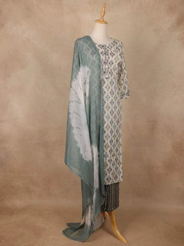 Beige Cotton Linen Abstract Printed Salwar Suit - Diadem