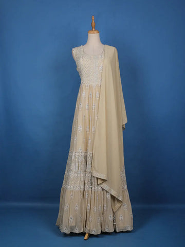 Beige Floral Designed Anarkali Georgette Gown - Diadem