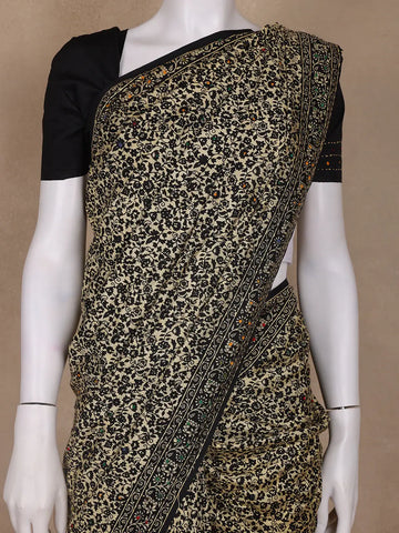 Beige Floral Designed Chanderi Cotton Saree - Diadem
