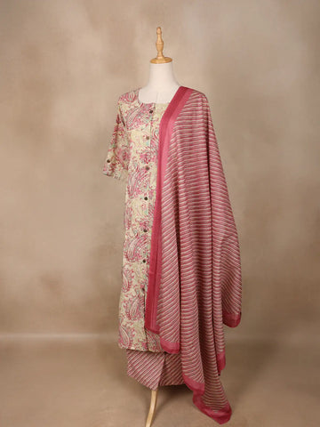 Beige Floral Designed Cotton Salwar Suit - Diadem