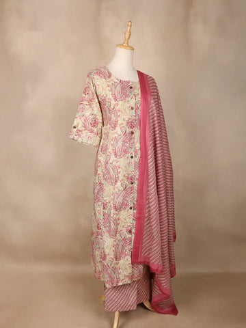 Beige Floral Designed Cotton Salwar Suit - Diadem