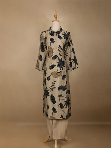 Beige Floral Designed Semi Silk Salwar Suit - Diadem
