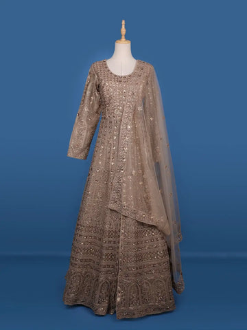 Beige Floral Embroidery Net Bridal Pakistani Lehenga - Diadem