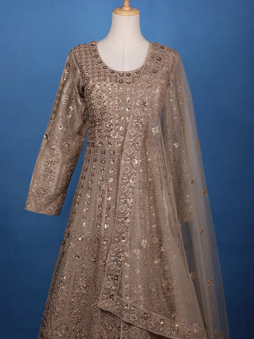 Beige Floral Embroidery Net Bridal Pakistani Lehenga - Diadem