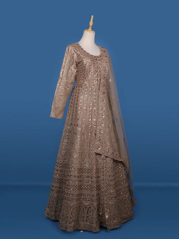 Beige Floral Embroidery Net Bridal Pakistani Lehenga - Diadem