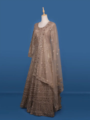 Beige Floral Embroidery Net Bridal Pakistani Lehenga - Diadem