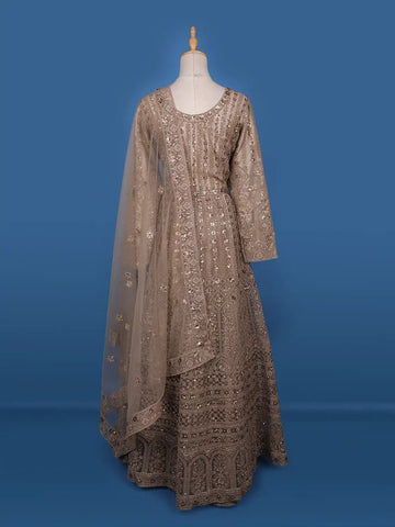 Beige Floral Embroidery Net Bridal Pakistani Lehenga - Diadem