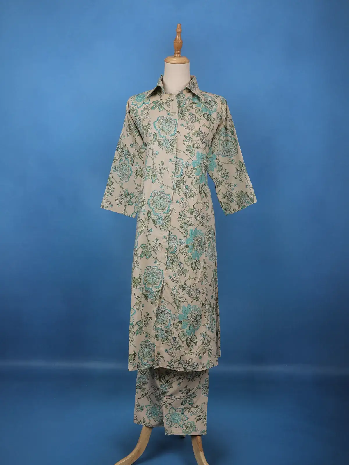 Beige Floral Printed Cotton Salwar Suit - Diadem