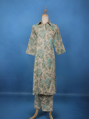 Beige Floral Printed Cotton Salwar Suit - Diadem