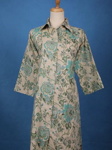 Beige Floral Printed Cotton Salwar Suit - Diadem