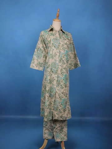 Beige Floral Printed Cotton Salwar Suit - Diadem
