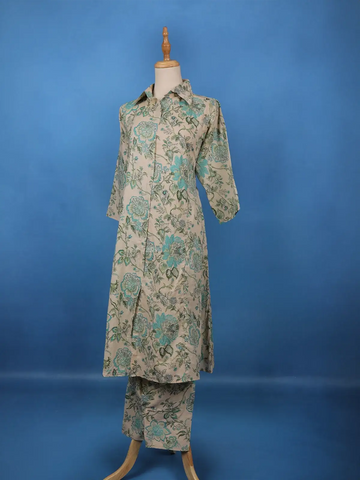 Beige Floral Printed Cotton Salwar Suit - Diadem