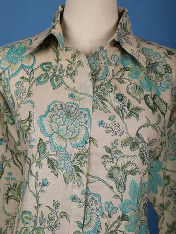 Beige Floral Printed Cotton Salwar Suit - Diadem