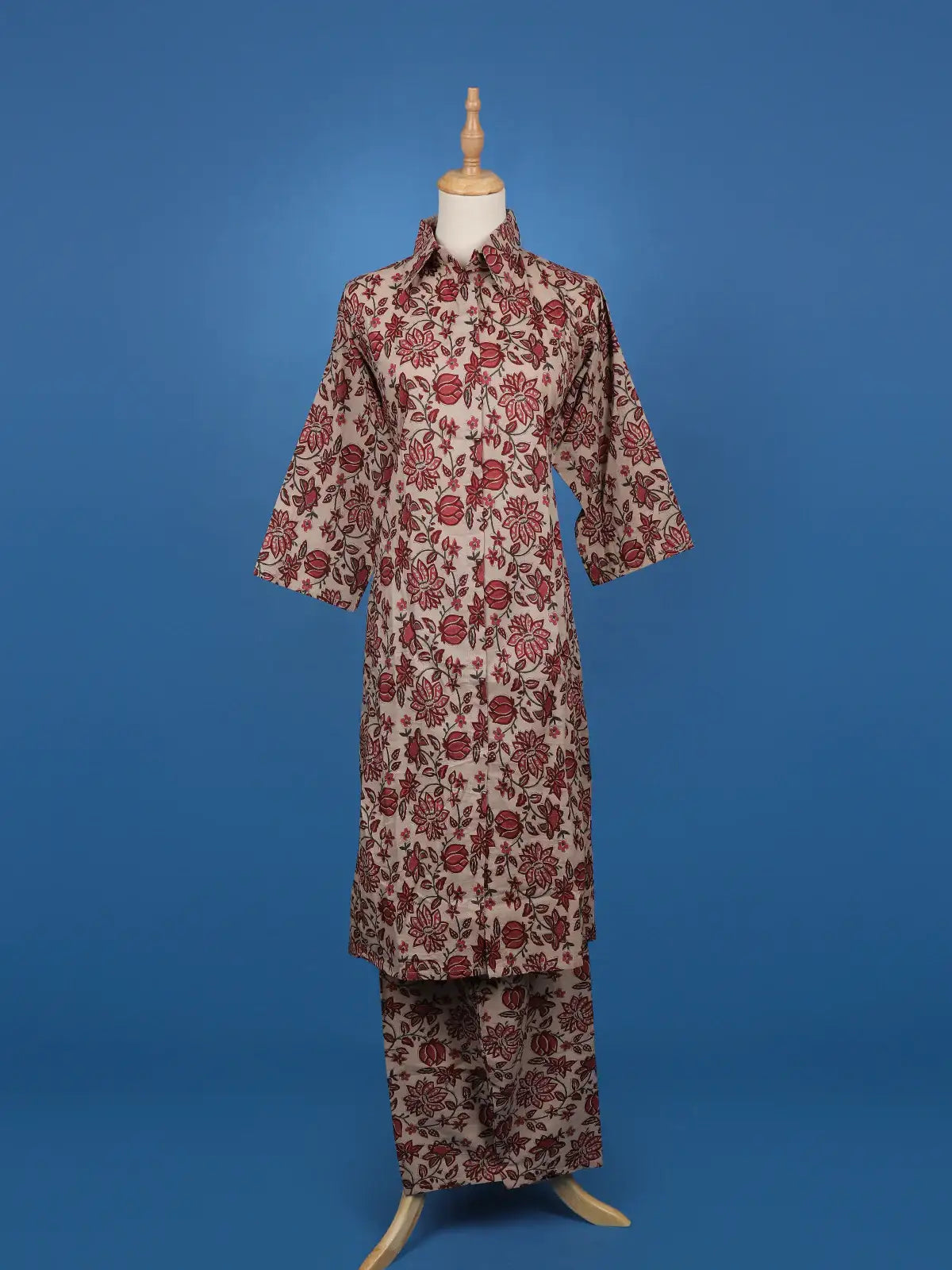 Beige Floral Printed Cotton Shirt Collar Salwar Suit Set - Diadem