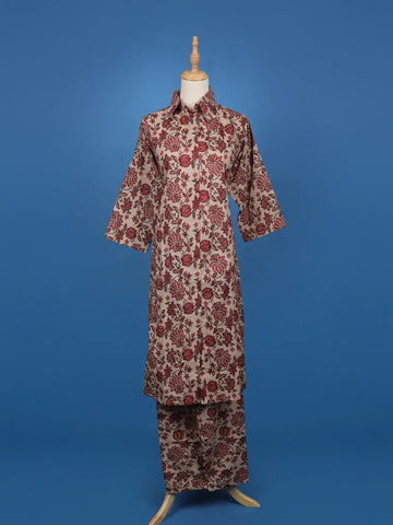 Beige Floral Printed Cotton Shirt Collar Salwar Suit Set - Diadem