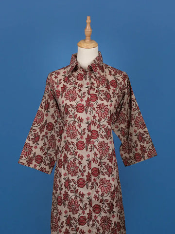 Beige Floral Printed Cotton Shirt Collar Salwar Suit Set - Diadem