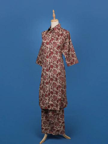 Beige Floral Printed Cotton Shirt Collar Salwar Suit Set - Diadem