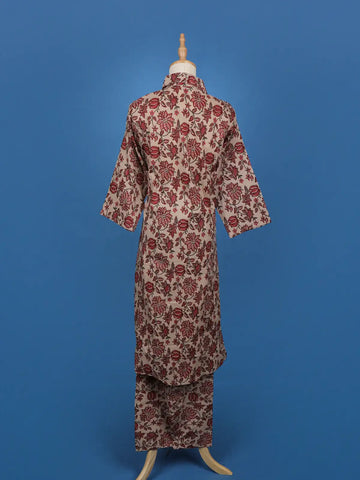 Beige Floral Printed Cotton Shirt Collar Salwar Suit Set - Diadem