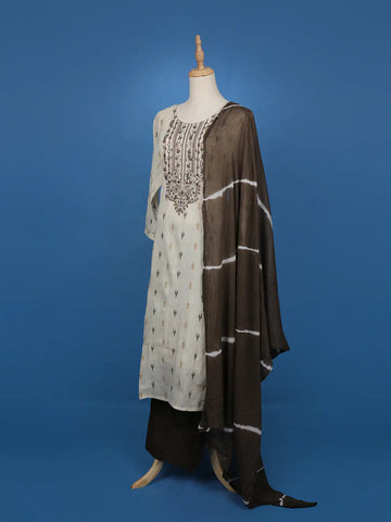 Beige Ikat Embroidered Salwar Suit with Brown Tie-Dye Dupatta - Diadem