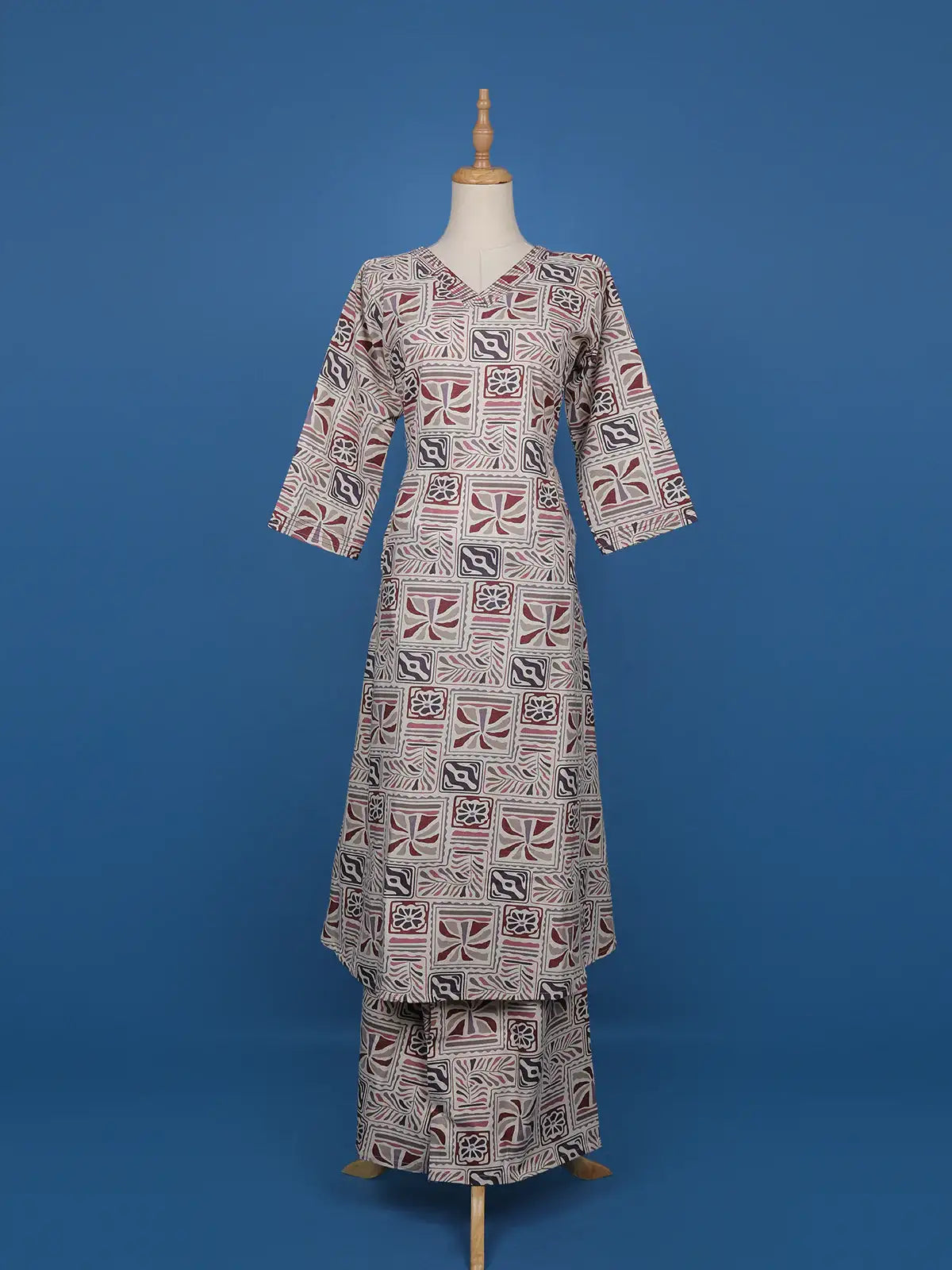 Beige Multicolor Geometric Printed Cotton Straight Cut Salwar Suit Set - Diadem