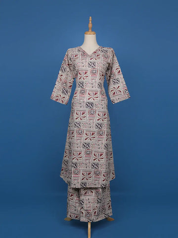 Beige Multicolor Geometric Printed Cotton Straight Cut Salwar Suit Set - Diadem