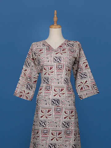 Beige Multicolor Geometric Printed Cotton Straight Cut Salwar Suit Set - Diadem